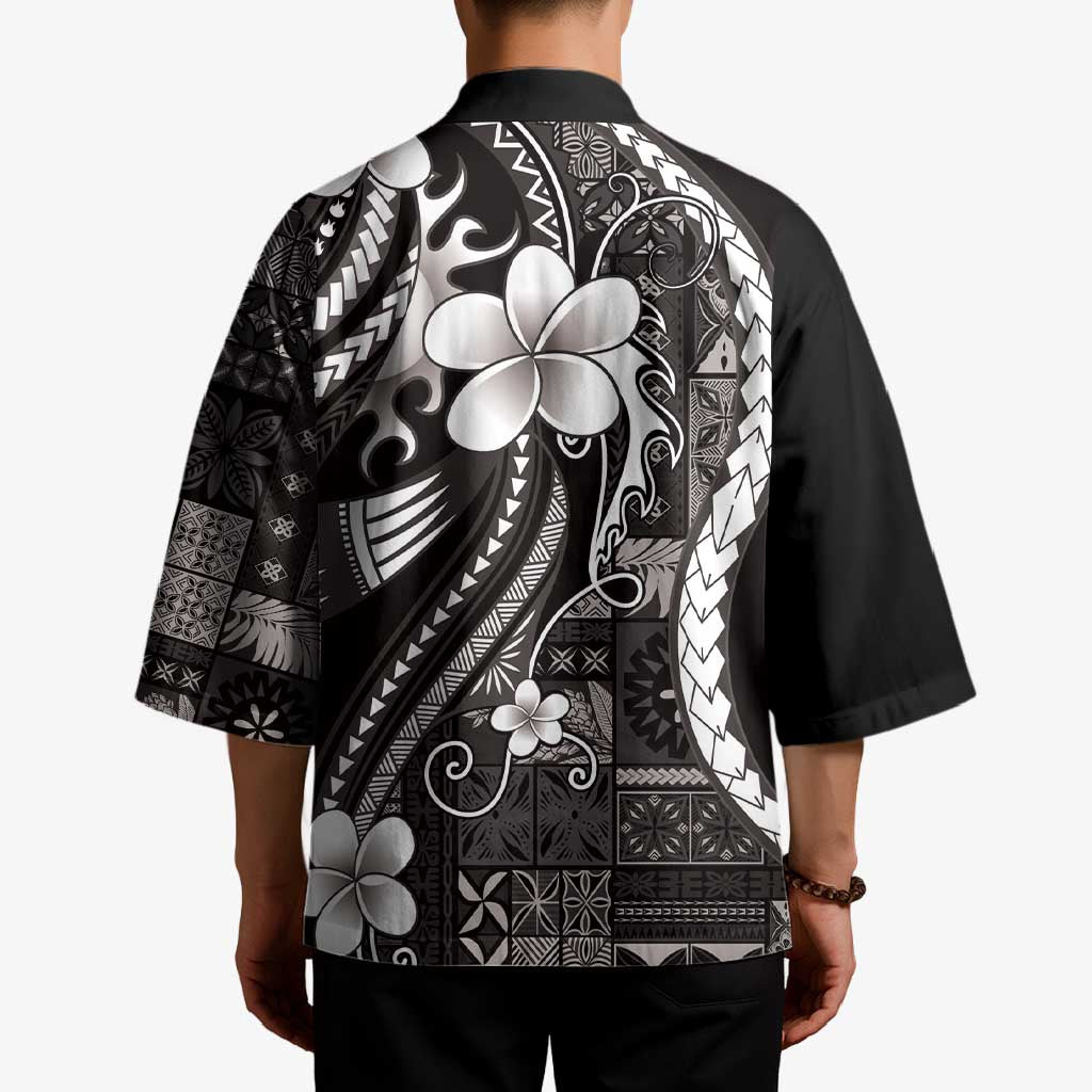Samoa Siapo Tribal Pattern Kimono Black Polynesian Plumeria Tapa Motif