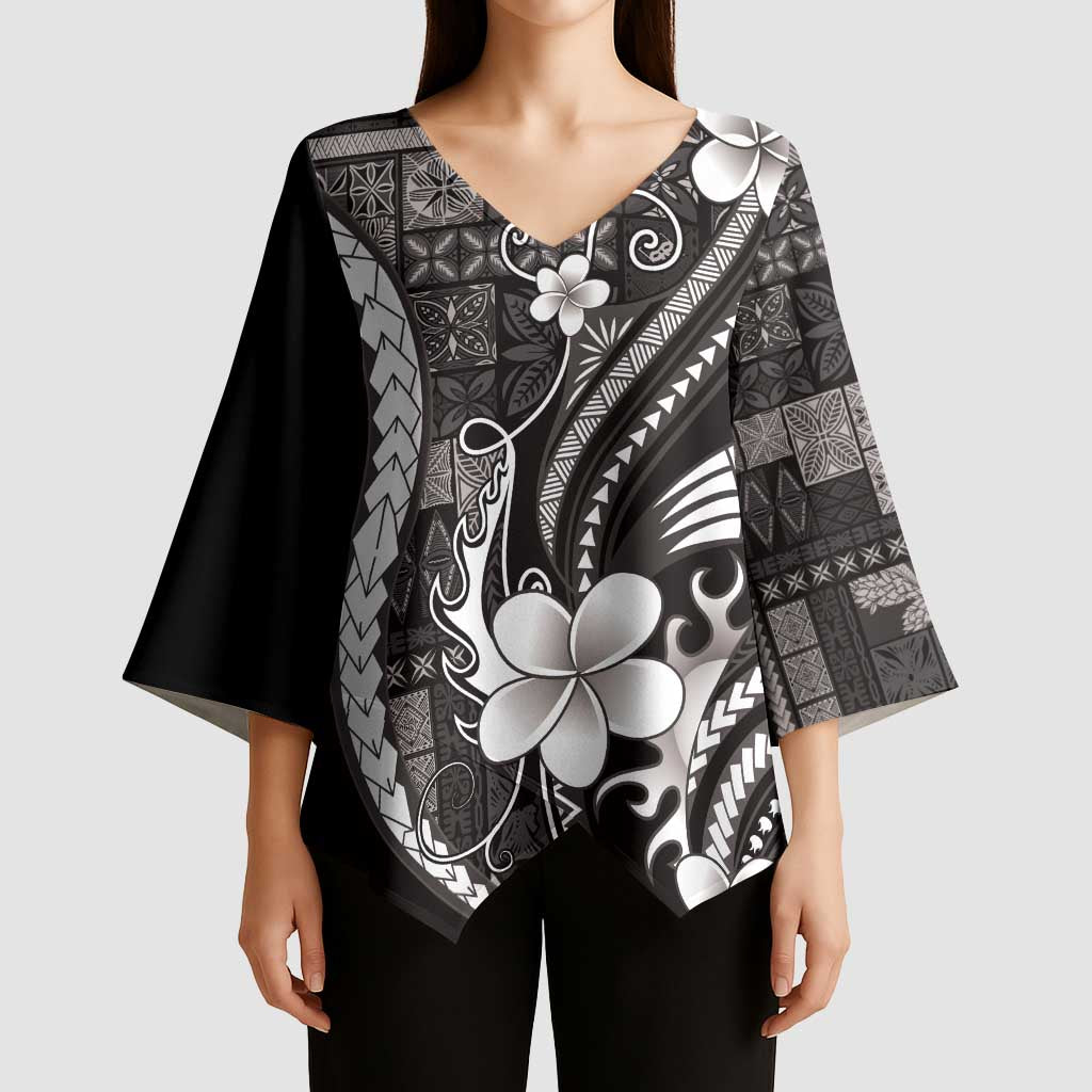 Samoa Siapo Tribal Pattern Kimono Sleeve Blouse Black Polynesian Plumeria Tapa Motif