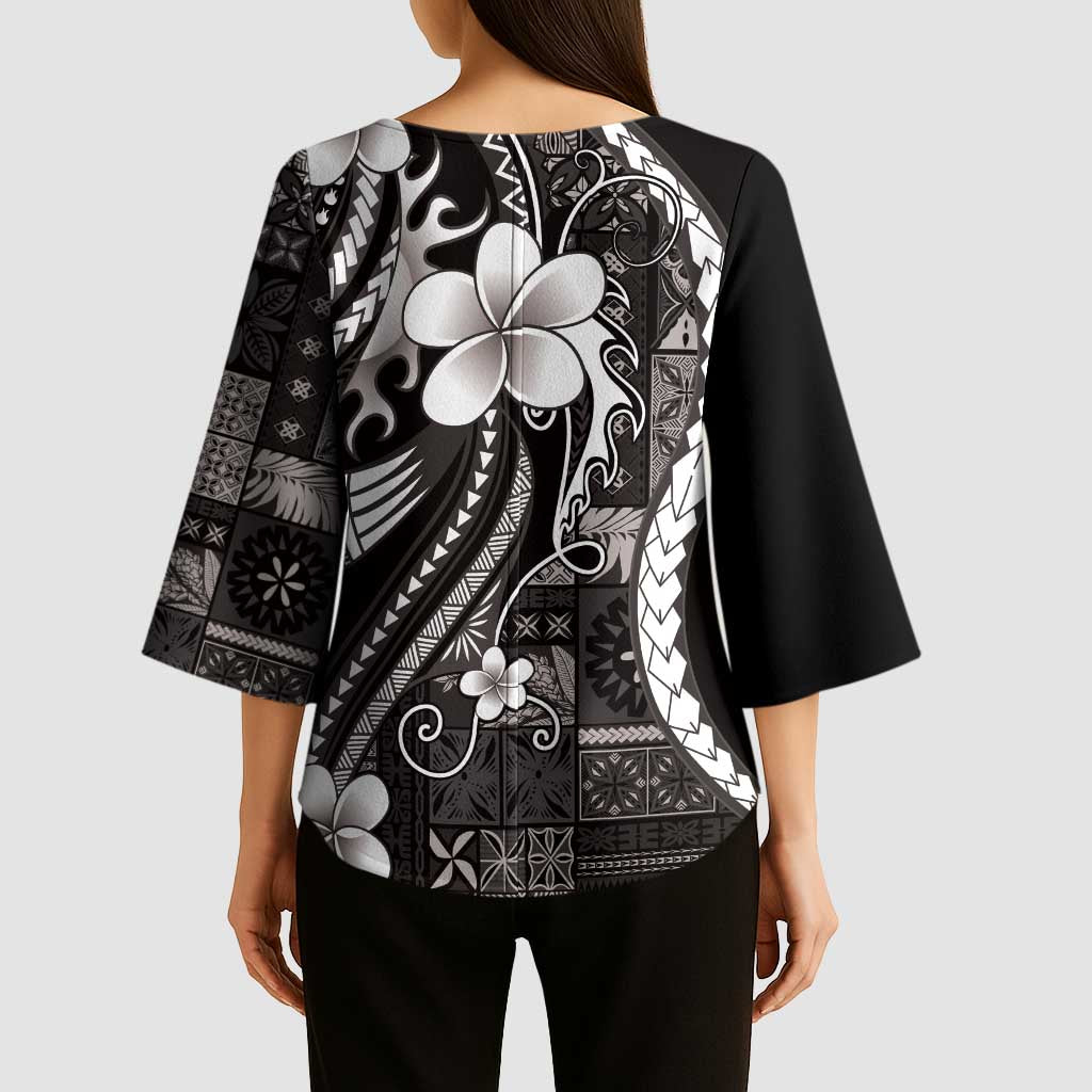 Samoa Siapo Tribal Pattern Kimono Sleeve Blouse Black Polynesian Plumeria Tapa Motif