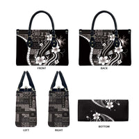 Samoa Siapo Tribal Pattern Leather Bag Black Polynesian Plumeria Tapa Motif