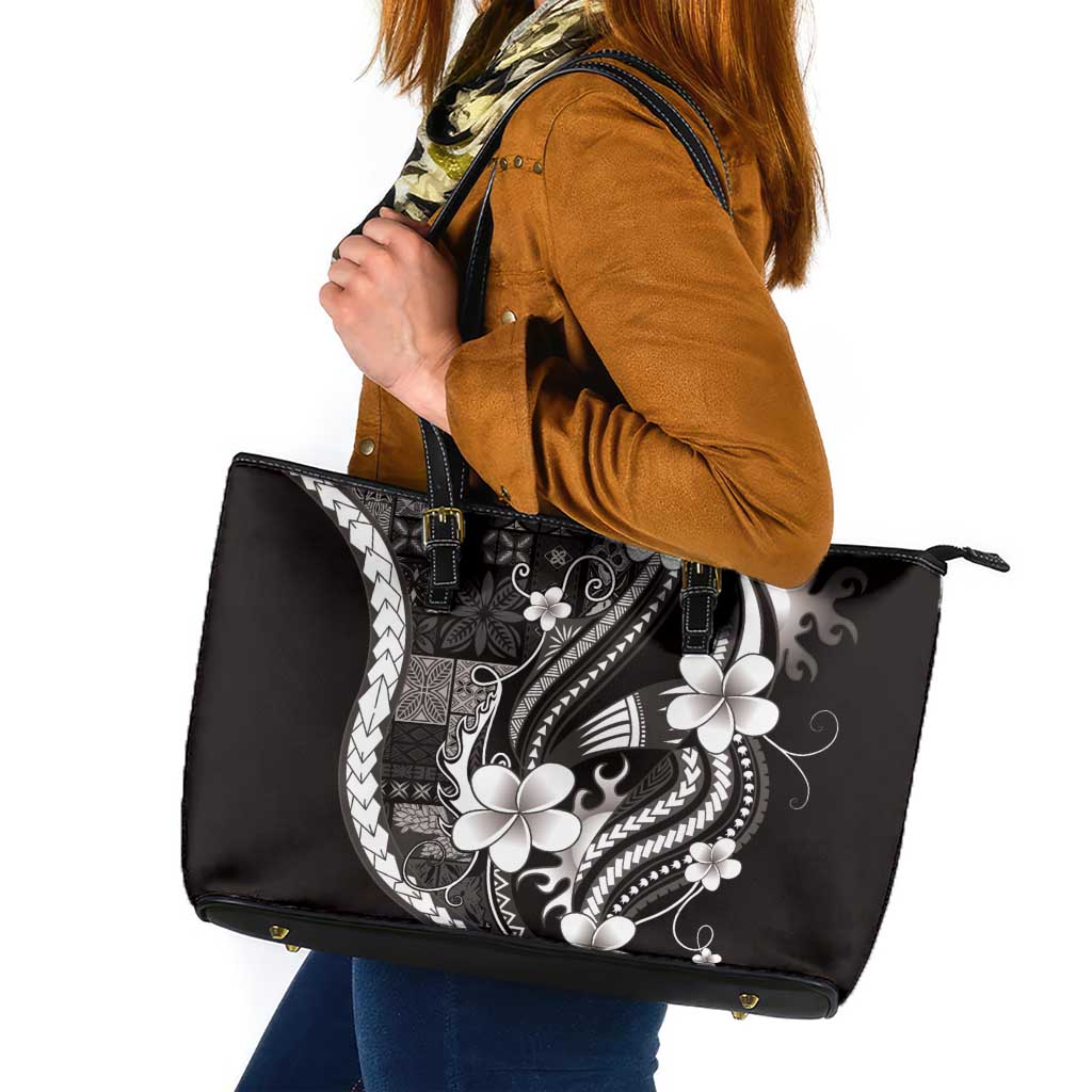Samoa Siapo Tribal Pattern Leather Tote Bag Black Polynesian Plumeria Tapa Motif LT9 Black - Polynesian Pride