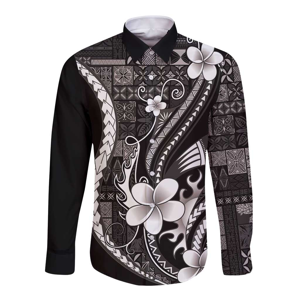 Samoa Siapo Tribal Pattern Long Sleeve Button Shirt Black Polynesian Plumeria Tapa Motif LT9 Unisex Black - Polynesian Pride