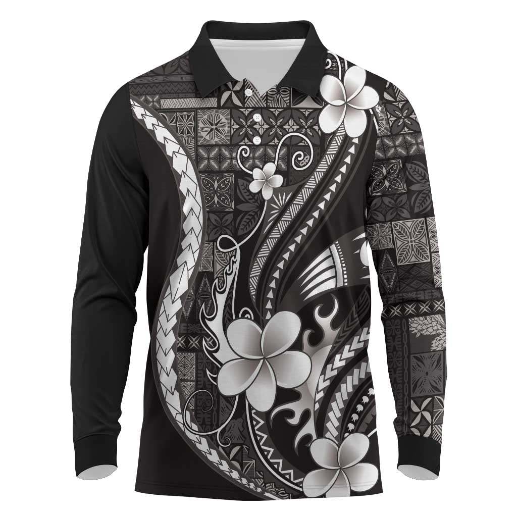 Samoa Siapo Tribal Pattern Long Sleeve Polo Shirt Black Polynesian Plumeria Tapa Motif