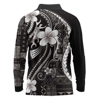Samoa Siapo Tribal Pattern Long Sleeve Polo Shirt Black Polynesian Plumeria Tapa Motif