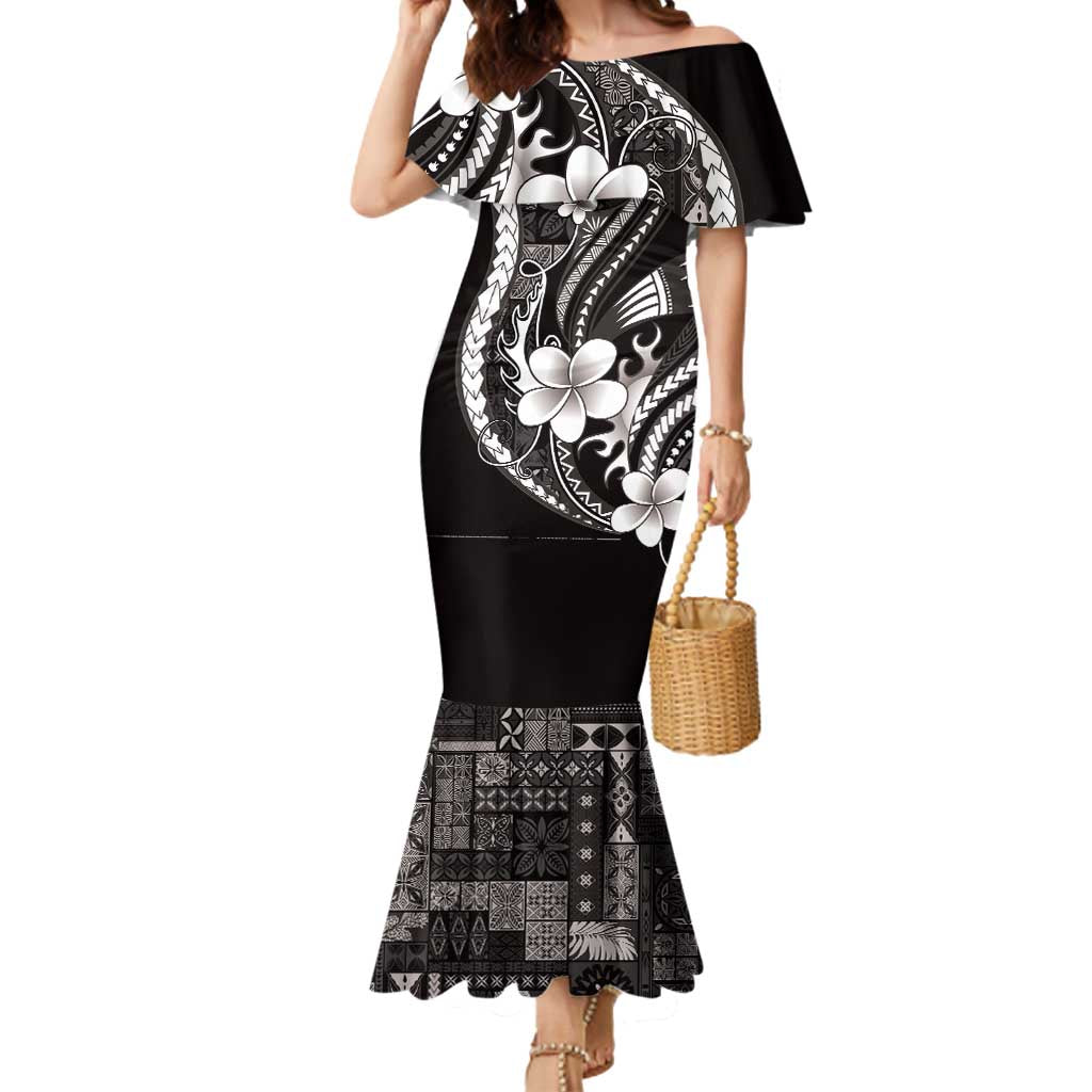 Samoa Siapo Tribal Pattern Mermaid Dress Black Polynesian Plumeria Tapa Motif