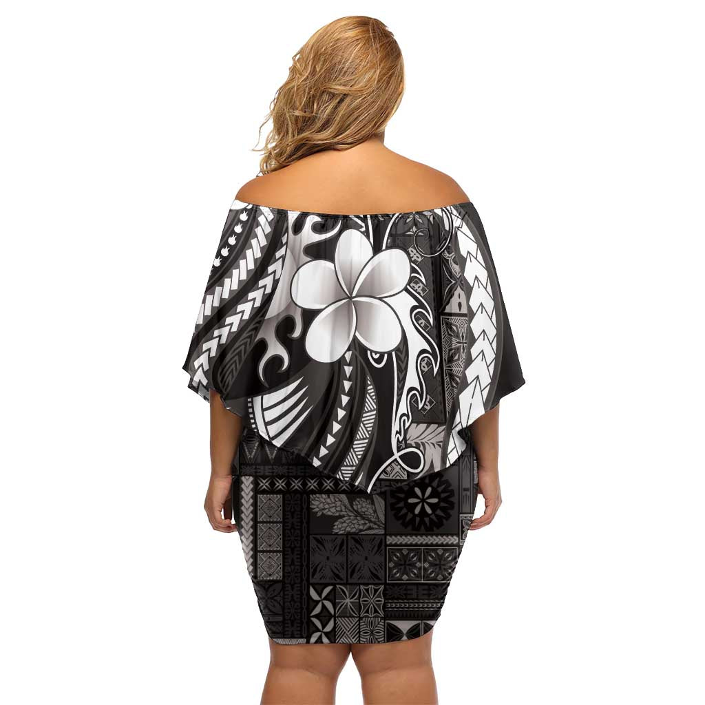 Samoa Siapo Tribal Pattern Off Shoulder Short Dress Black Polynesian Plumeria Tapa Motif LT9 - Polynesian Pride