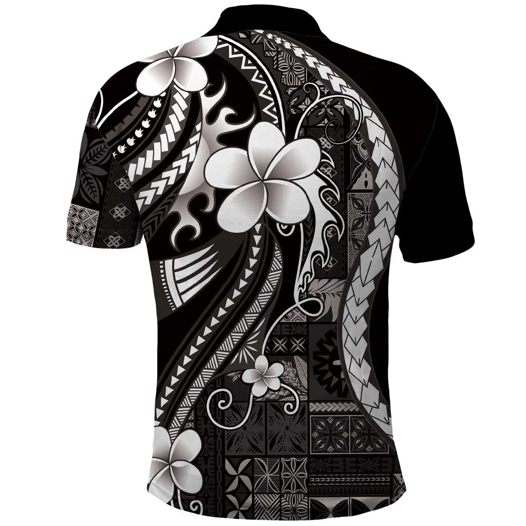 Samoa Siapo Tribal Pattern Polo Shirt Black Polynesian Plumeria Tapa Motif
