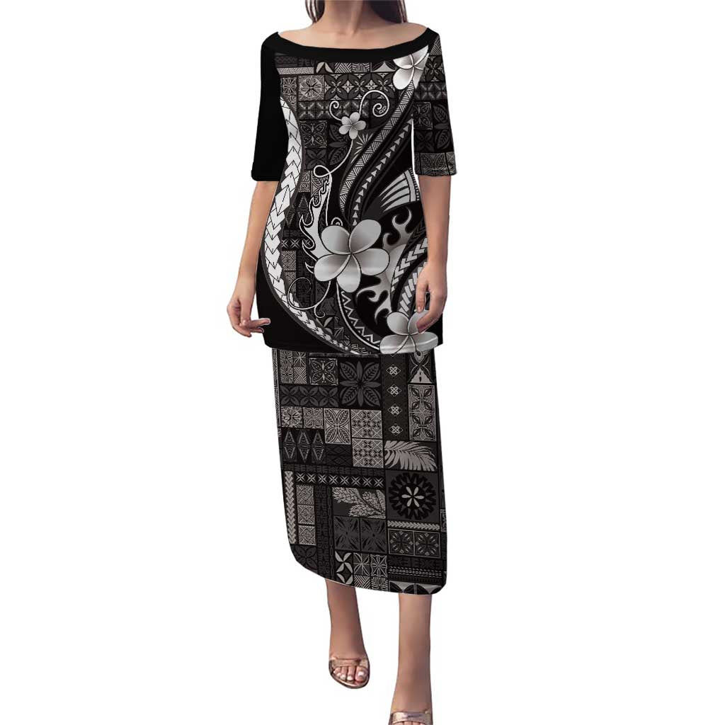 Samoa Siapo Tribal Pattern Puletasi Black Polynesian Plumeria Tapa Motif