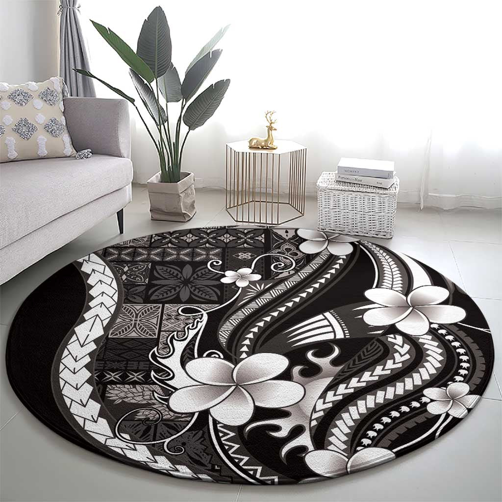 Samoa Siapo Tribal Pattern Round Carpet Black Polynesian Plumeria Tapa Motif