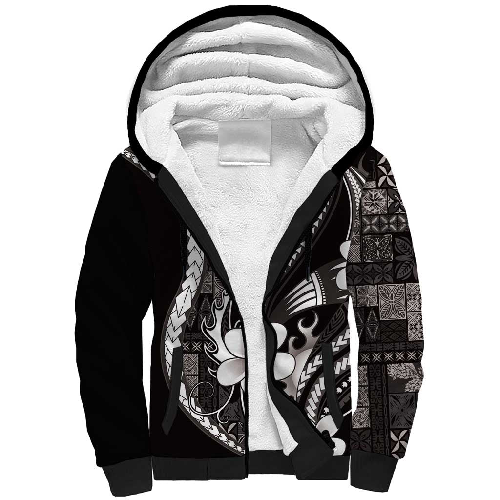 Samoa Siapo Tribal Pattern Sherpa Hoodie Black Polynesian Plumeria Tapa Motif LT9 Unisex Black - Polynesian Pride