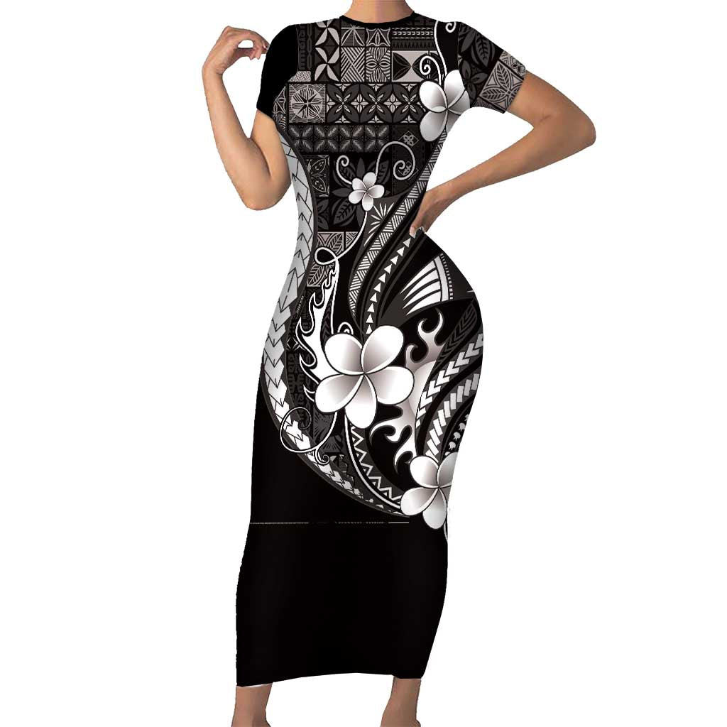 Samoa Siapo Tribal Pattern Short Sleeve Bodycon Dress Black Polynesian Plumeria Tapa Motif