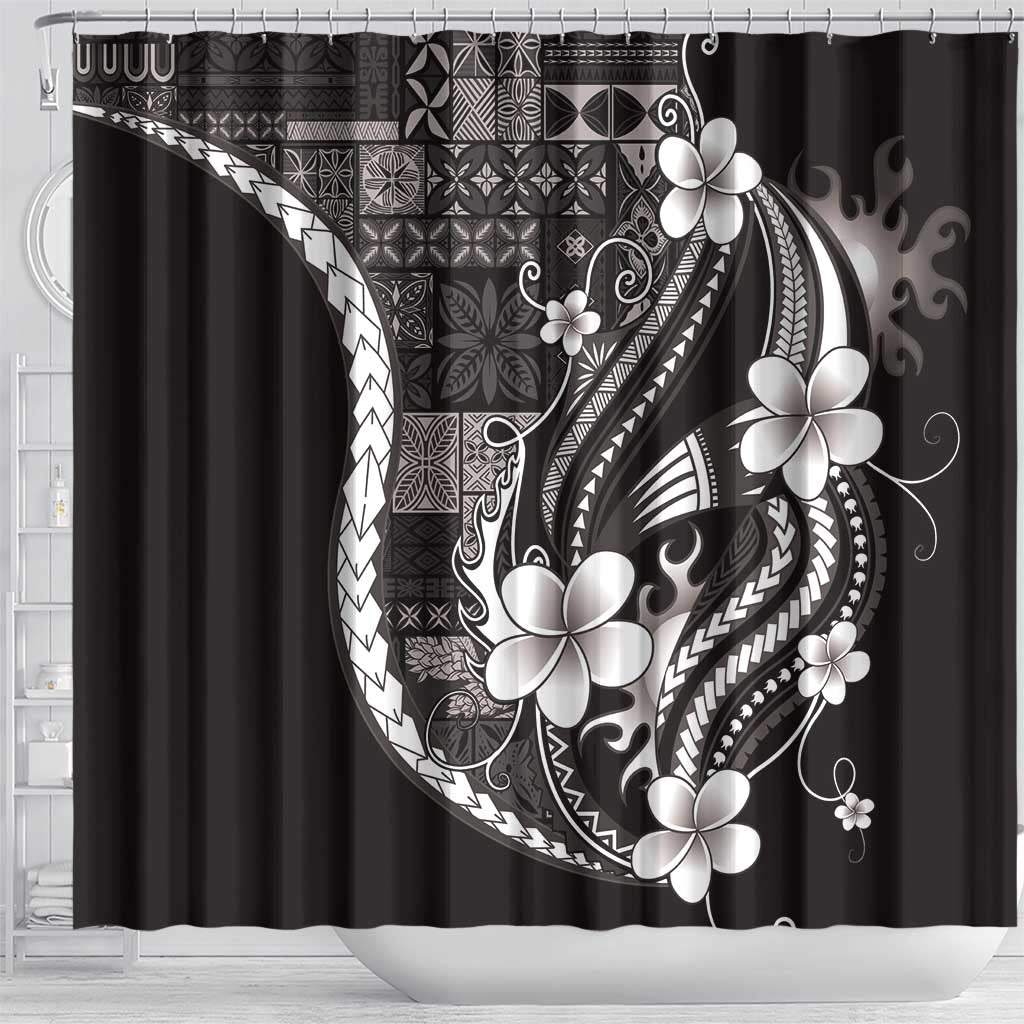 Samoa Siapo Tribal Pattern Shower Curtain Black Polynesian Plumeria Tapa Motif