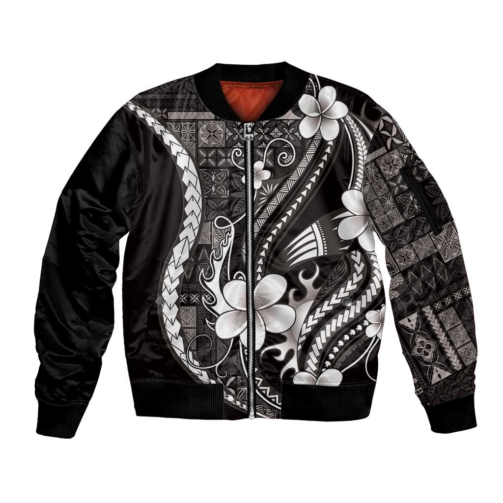 Samoa Siapo Tribal Pattern Sleeve Zip Bomber Jacket Black Polynesian Plumeria Tapa Motif LT9 Unisex Black - Polynesian Pride
