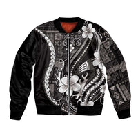 Samoa Siapo Tribal Pattern Sleeve Zip Bomber Jacket Black Polynesian Plumeria Tapa Motif LT9 Unisex Black - Polynesian Pride