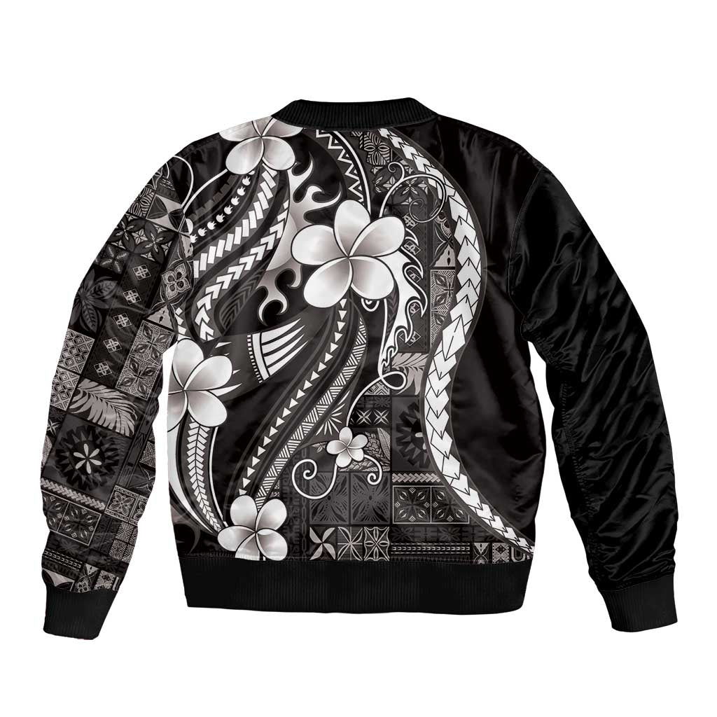 Samoa Siapo Tribal Pattern Sleeve Zip Bomber Jacket Black Polynesian Plumeria Tapa Motif LT9 - Polynesian Pride