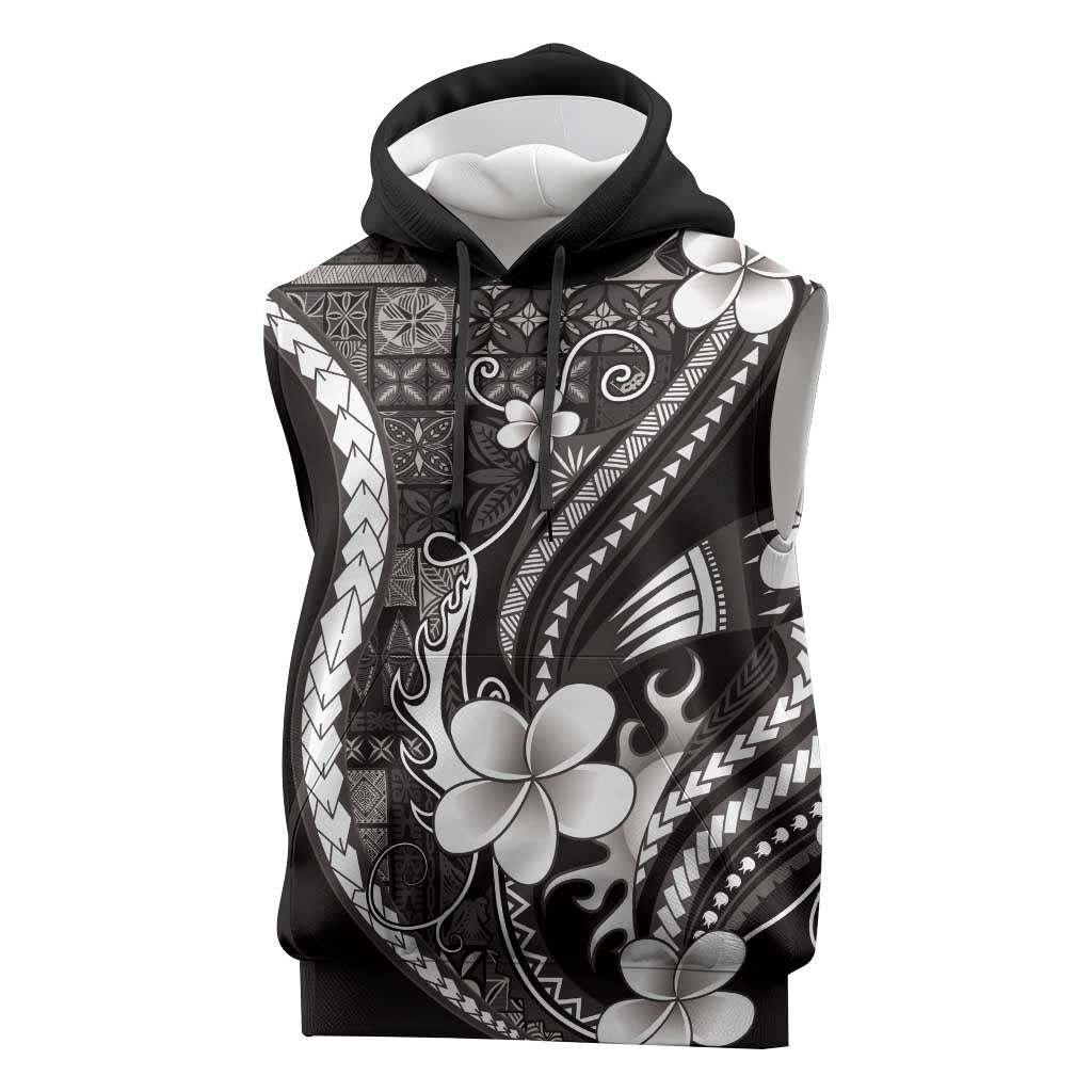 Samoa Siapo Tribal Pattern Sleeveless Hoodie Black Polynesian Plumeria Tapa Motif
