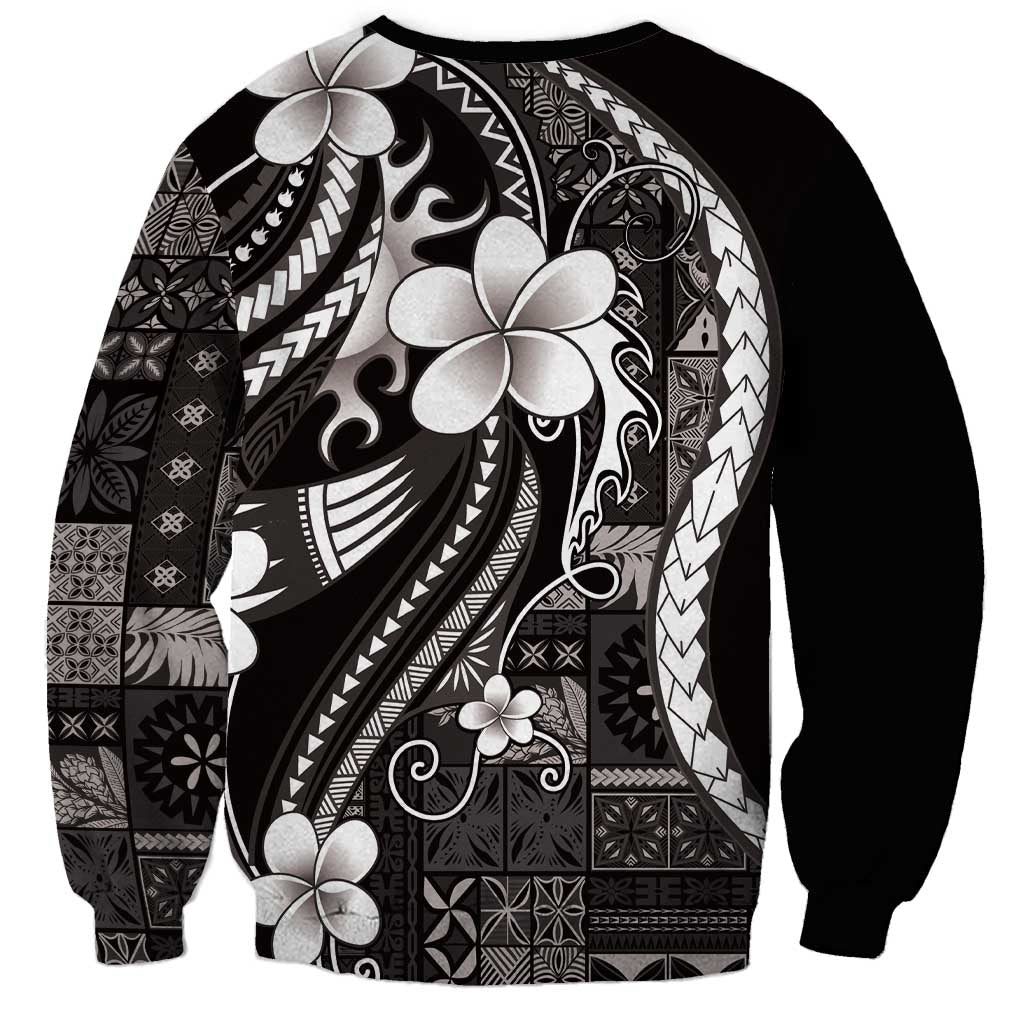 Samoa Siapo Tribal Pattern Sweatshirt Black Polynesian Plumeria Tapa Motif