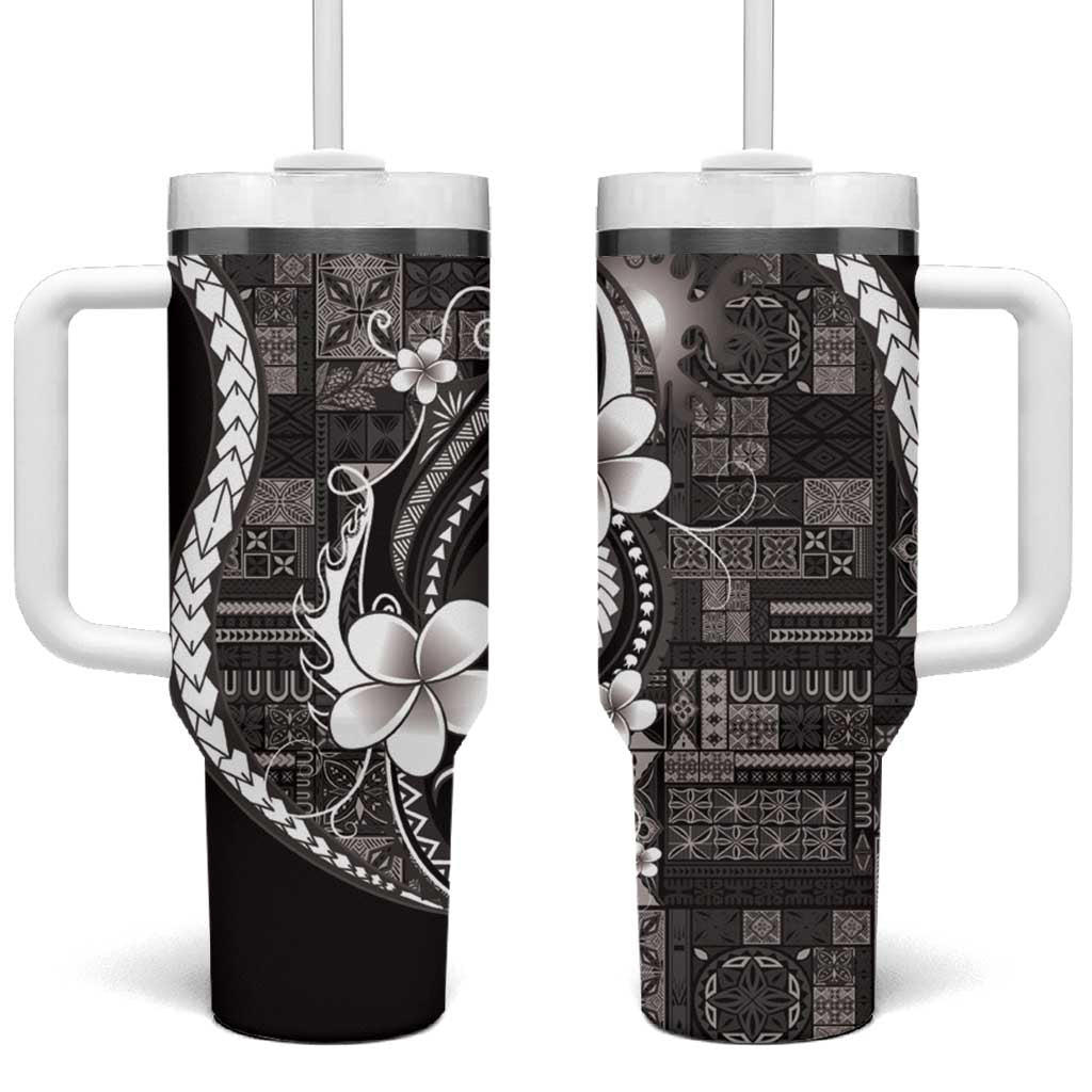 Samoa Siapo Tribal Pattern Tumbler With Handle Black Polynesian Plumeria Tapa Motif