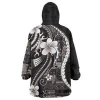 Samoa Siapo Tribal Pattern Wearable Blanket Hoodie Black Polynesian Plumeria Tapa Motif