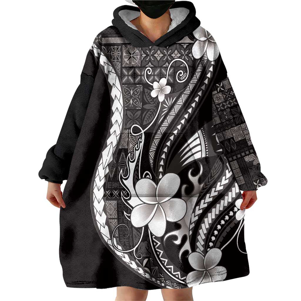 Samoa Siapo Tribal Pattern Wearable Blanket Hoodie Black Polynesian Plumeria Tapa Motif