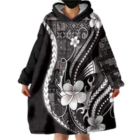 Samoa Siapo Tribal Pattern Wearable Blanket Hoodie Black Polynesian Plumeria Tapa Motif