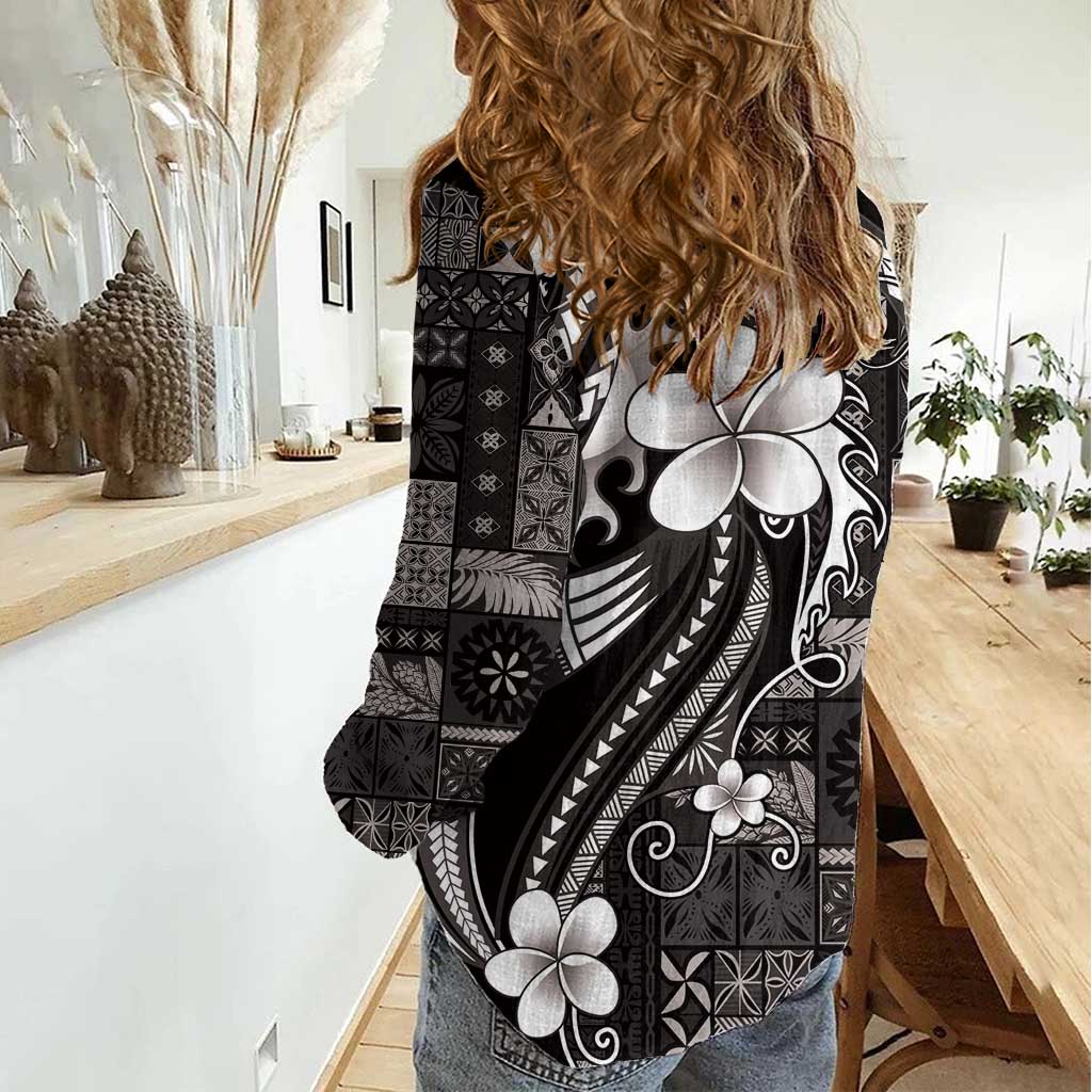 Samoa Siapo Tribal Pattern Women Casual Shirt Black Polynesian Plumeria Tapa Motif