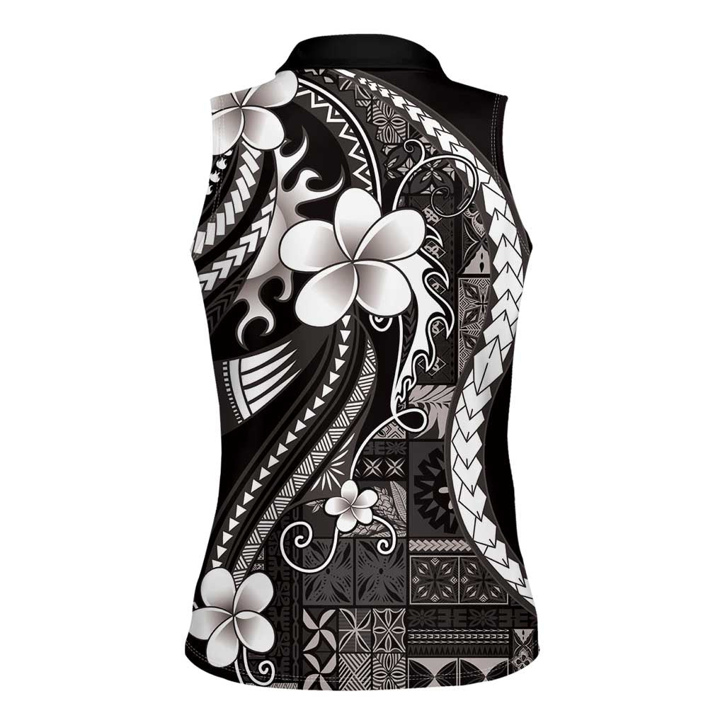 Samoa Siapo Tribal Pattern Women Sleeveless Polo Shirt Black Polynesian Plumeria Tapa Motif