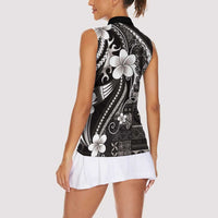 Samoa Siapo Tribal Pattern Women Sleeveless Polo Shirt Black Polynesian Plumeria Tapa Motif