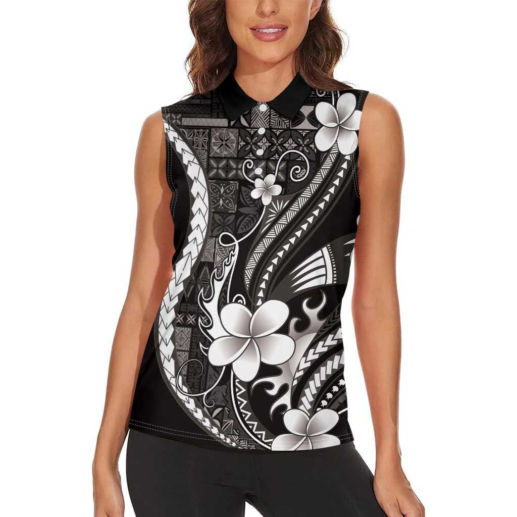 Samoa Siapo Tribal Pattern Women Sleeveless Polo Shirt Black Polynesian Plumeria Tapa Motif