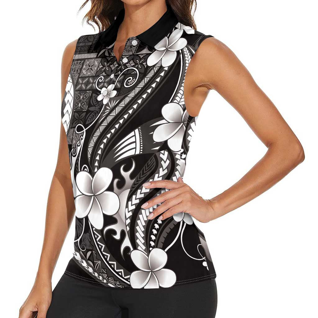 Samoa Siapo Tribal Pattern Women Sleeveless Polo Shirt Black Polynesian Plumeria Tapa Motif