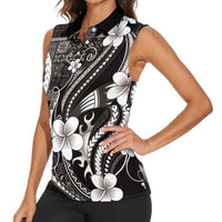 Samoa Siapo Tribal Pattern Women Sleeveless Polo Shirt Black Polynesian Plumeria Tapa Motif
