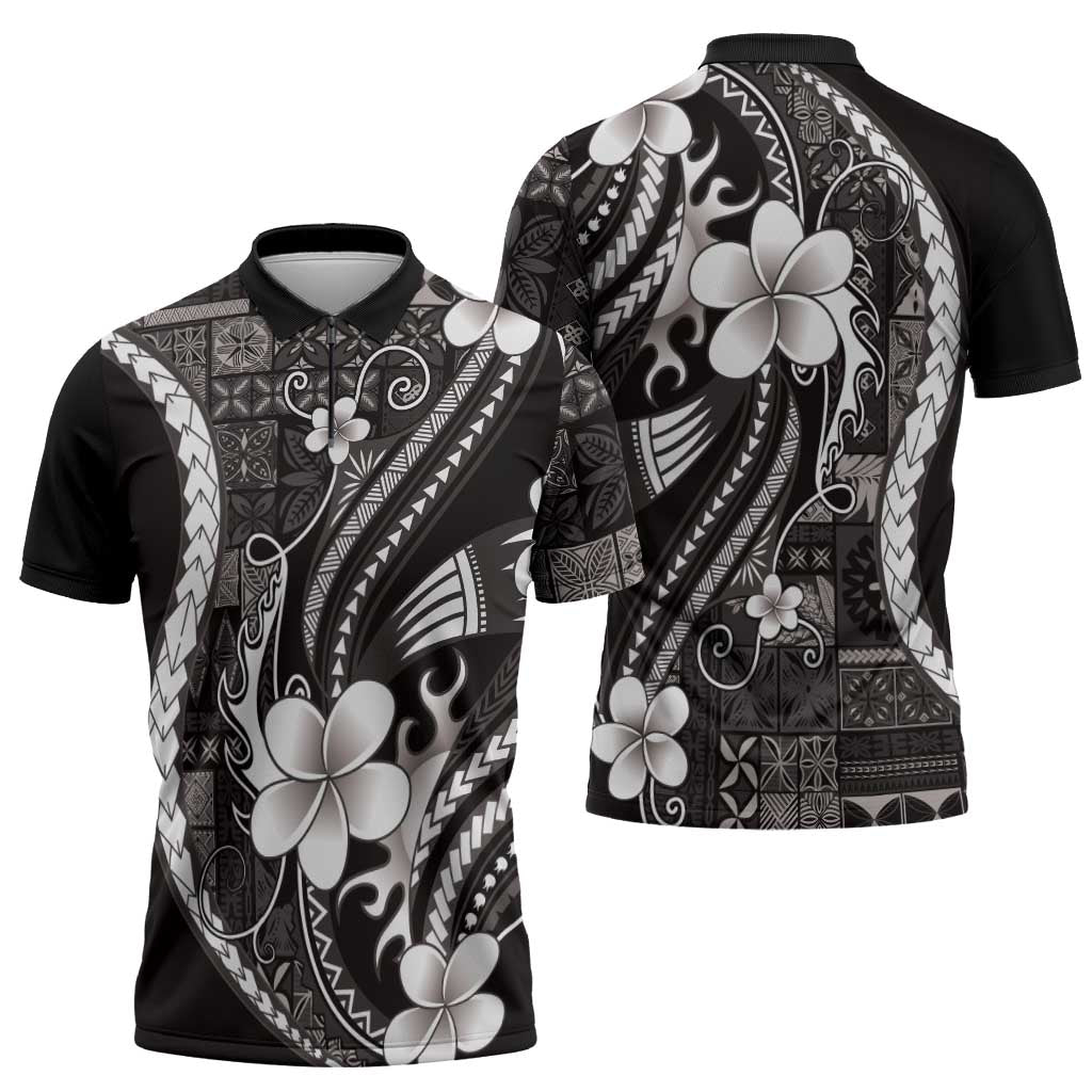 Samoa Siapo Tribal Pattern Zipper Polo Shirt Black Polynesian Plumeria Tapa Motif