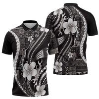 Samoa Siapo Tribal Pattern Zipper Polo Shirt Black Polynesian Plumeria Tapa Motif