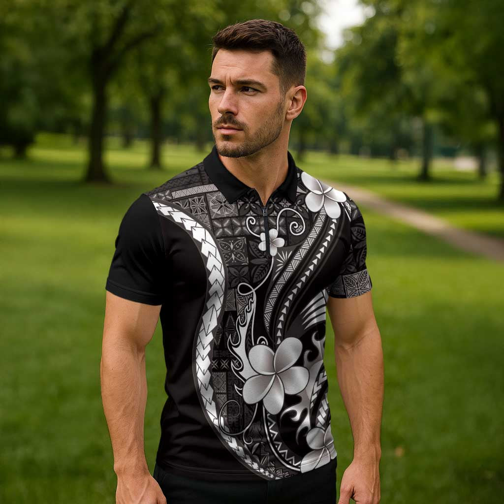 Samoa Siapo Tribal Pattern Zipper Polo Shirt Black Polynesian Plumeria Tapa Motif