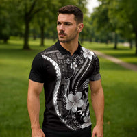 Samoa Siapo Tribal Pattern Zipper Polo Shirt Black Polynesian Plumeria Tapa Motif