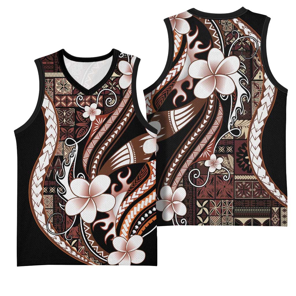 Samoa Siapo Tribal Pattern Basketball Jersey Brown Polynesian Plumeria Tapa Motif LT9 - Polynesian Pride