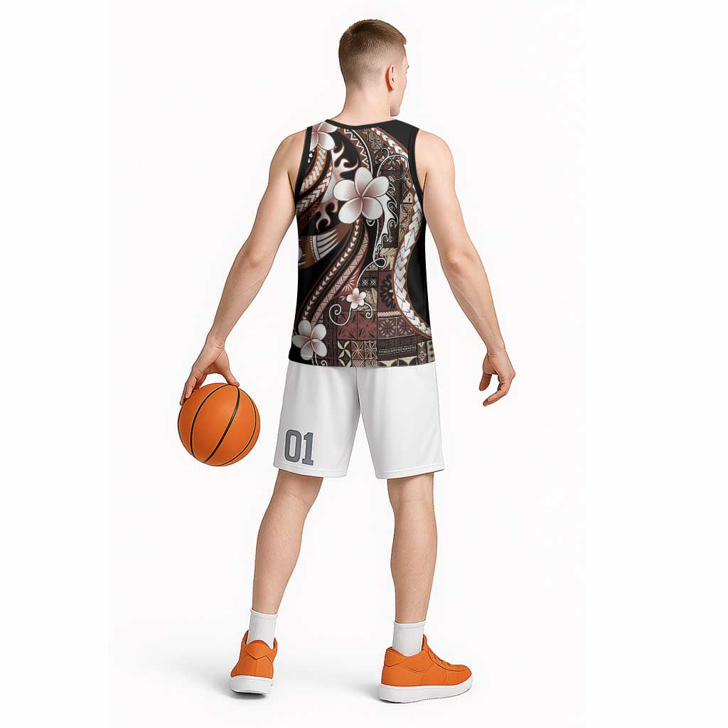 Samoa Siapo Tribal Pattern Basketball Jersey Brown Polynesian Plumeria Tapa Motif LT9 - Polynesian Pride