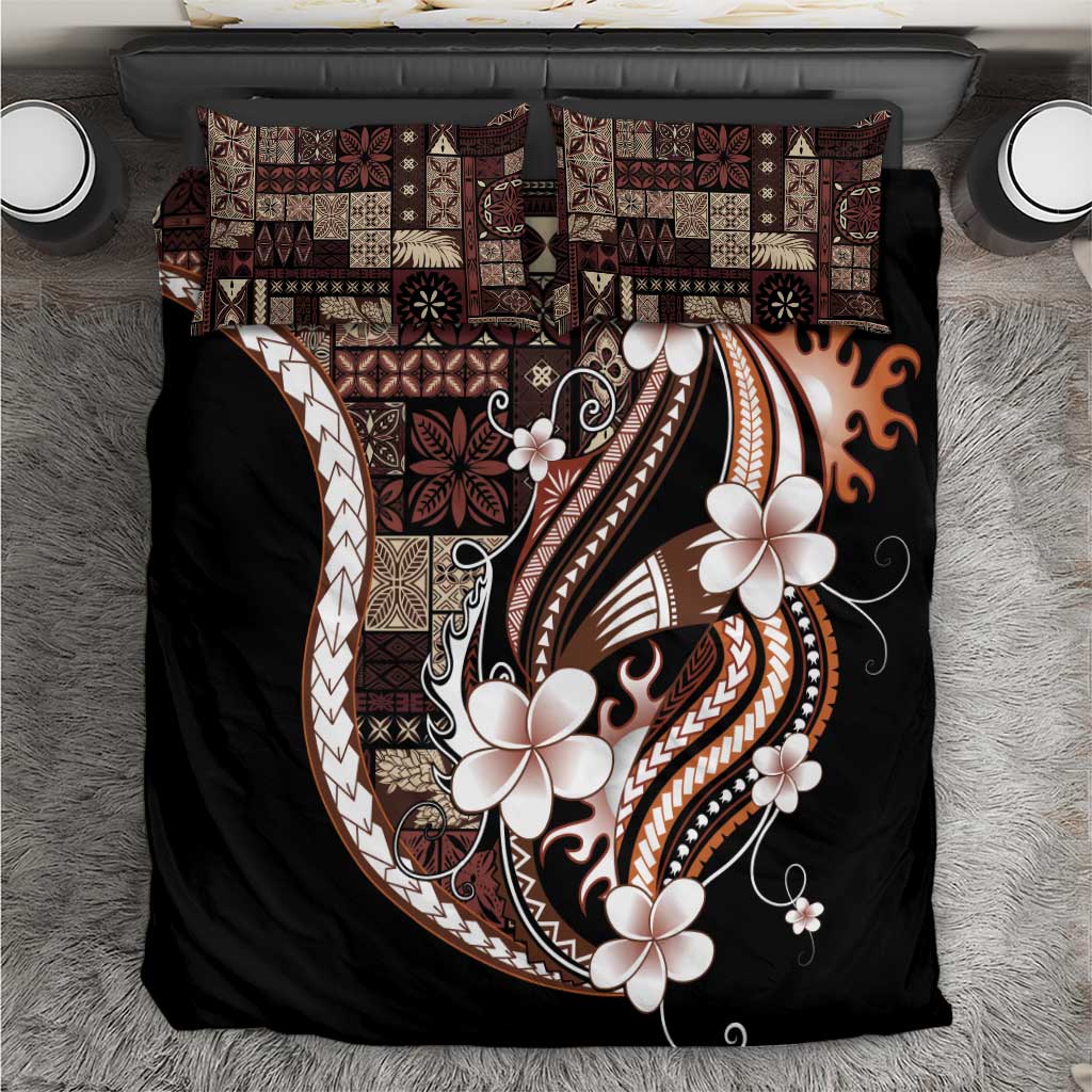 Samoa Siapo Tribal Pattern Bedding Set Brown Polynesian Plumeria Tapa Motif