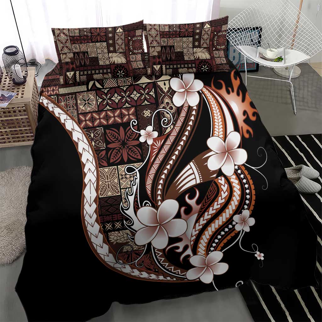 Samoa Siapo Tribal Pattern Bedding Set Brown Polynesian Plumeria Tapa Motif