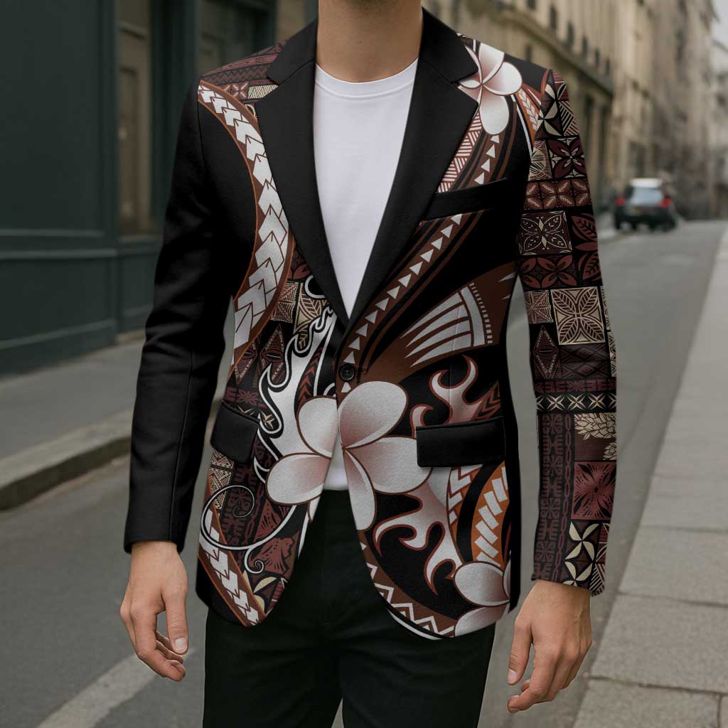 Samoa Siapo Tribal Pattern Blazer Brown Polynesian Plumeria Tapa Motif