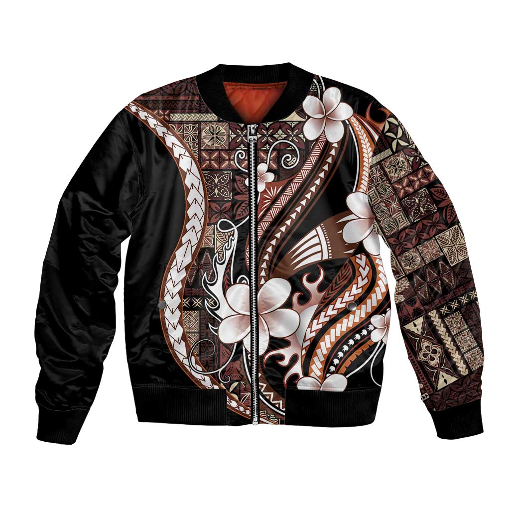 Samoa Siapo Tribal Pattern Bomber Jacket Brown Polynesian Plumeria Tapa Motif