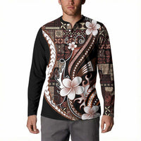 Samoa Siapo Tribal Pattern Button Sweatshirt Brown Polynesian Plumeria Tapa Motif
