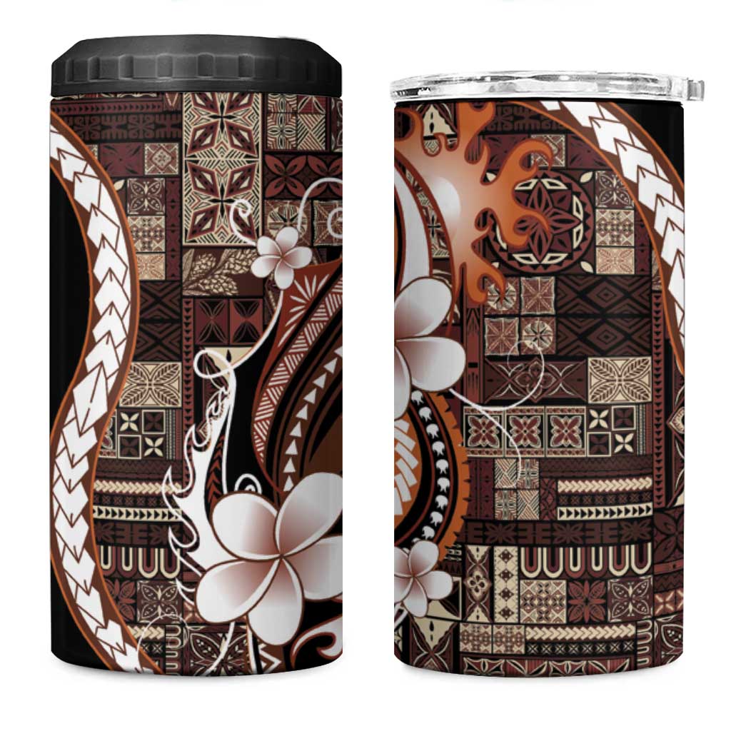 Samoa Siapo Tribal Pattern 4 in 1 Can Cooler Tumbler Brown Polynesian Plumeria Tapa Motif