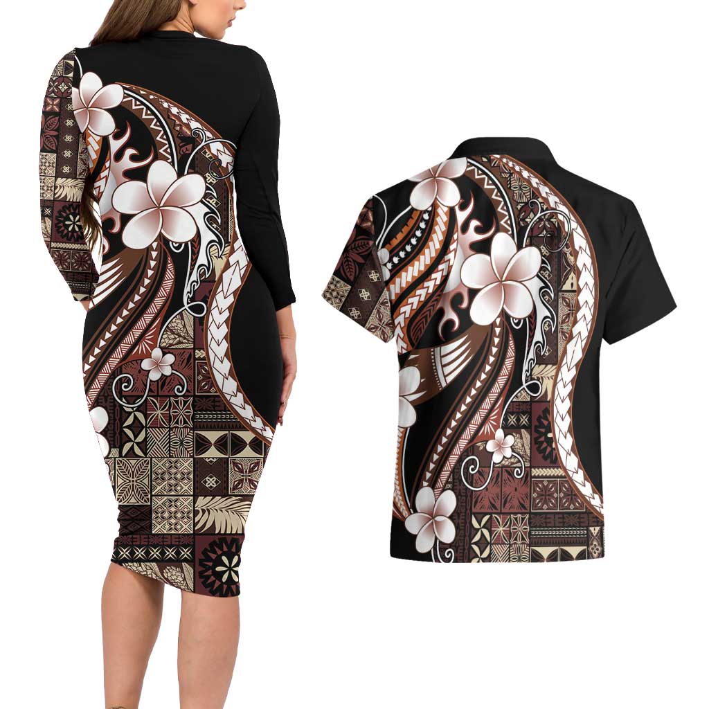 Samoa Siapo Tribal Pattern Couples Matching Long Sleeve Bodycon Dress and Hawaiian Shirt Brown Polynesian Plumeria Tapa Motif