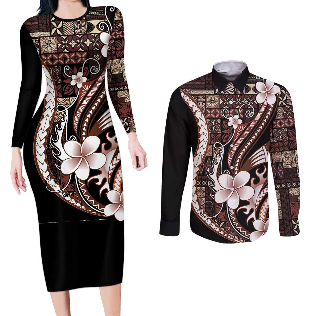 Samoa Siapo Tribal Pattern Couples Matching Long Sleeve Bodycon Dress and Long Sleeve Button Shirt Brown Polynesian Plumeria Tapa Motif