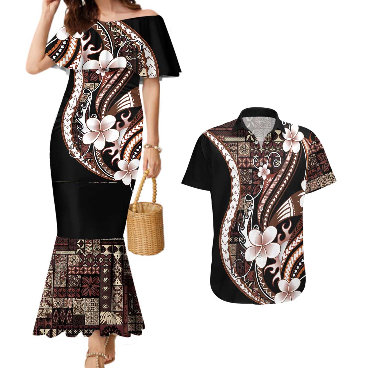 Samoa Siapo Tribal Pattern Couples Matching Mermaid Dress and Hawaiian Shirt Brown Polynesian Plumeria Tapa Motif