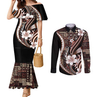 Samoa Siapo Tribal Pattern Couples Matching Mermaid Dress and Long Sleeve Button Shirt Brown Polynesian Plumeria Tapa Motif LT9 Brown - Polynesian Pride