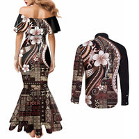 Samoa Siapo Tribal Pattern Couples Matching Mermaid Dress and Long Sleeve Button Shirt Brown Polynesian Plumeria Tapa Motif LT9 - Polynesian Pride