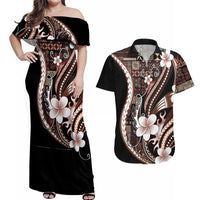 Samoa Siapo Tribal Pattern Couples Matching Off Shoulder Maxi Dress and Hawaiian Shirt Brown Polynesian Plumeria Tapa Motif LT9 Brown - Polynesian Pride