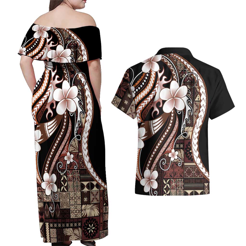 Samoa Siapo Tribal Pattern Couples Matching Off Shoulder Maxi Dress and Hawaiian Shirt Brown Polynesian Plumeria Tapa Motif LT9 - Polynesian Pride